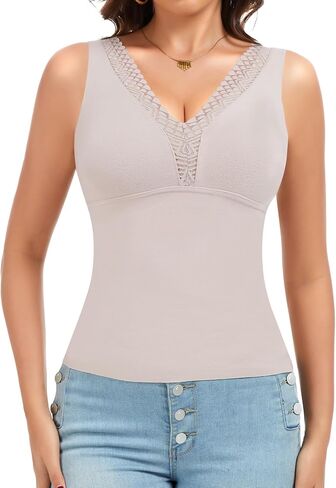 Thermal Tank Top Women V Neck Lace Camisole with Built in Bra Vest Sleeveless Undershirts in Saudi Arabia