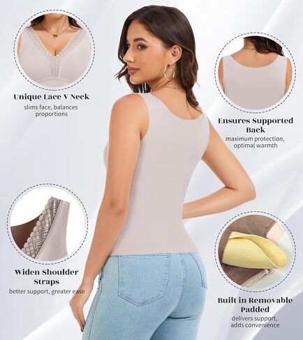 Thermal Tank Top Women V Neck Lace Camisole with Built in Bra Vest Sleeveless Undershirts in Saudi Arabia