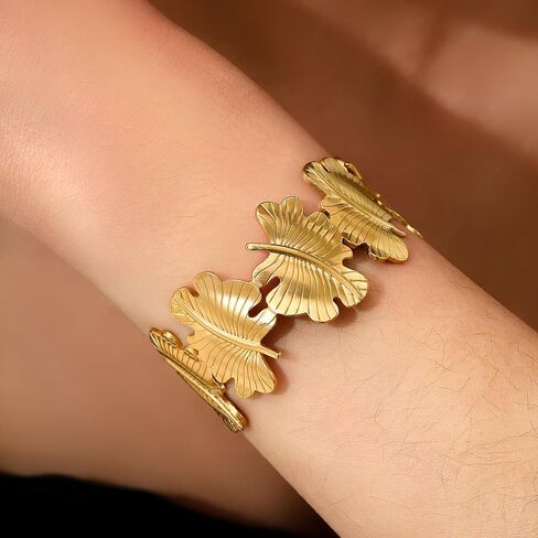 Gold Chunky Cuff Bangle Bracelets for Women Ginkgo Leaf Bracelet Boho Wide Bracelets Statement Bracelet Adjustable Jewelry in Kuwait