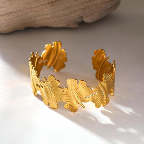 Gold Chunky Cuff Bangle Bracelets for Women Ginkgo Leaf Bracelet Boho Wide Bracelets Statement Bracelet Adjustable Jewelry in Kuwait