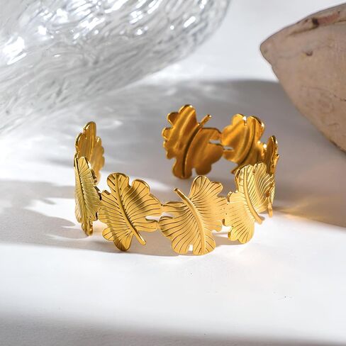 Gold Chunky Cuff Bangle Bracelets for Women Ginkgo Leaf Bracelet Boho Wide Bracelets Statement Bracelet Adjustable Jewelry in Kuwait