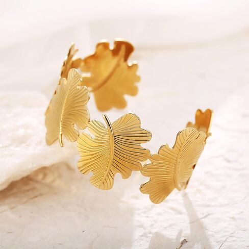 Gold Chunky Cuff Bangle Bracelets for Women Ginkgo Leaf Bracelet Boho Wide Bracelets Statement Bracelet Adjustable Jewelry in Kuwait