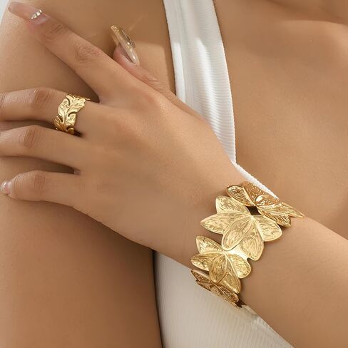Gold Chunky Cuff Bangle Bracelets for Women Ginkgo Leaf Bracelet Boho Wide Bracelets Statement Bracelet Adjustable Jewelry in Kuwait