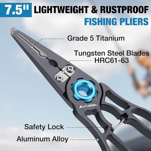 FLISSA 7-1/2 Inch Fishing Pliers, Safety Lock Design Fish Pliers Saltwater with TPR Handle, Stainless Steel hook remover with Braid Cutters, Sheath and Lanyard, Fishing Tool Gifts for Men in Saudi Arabia