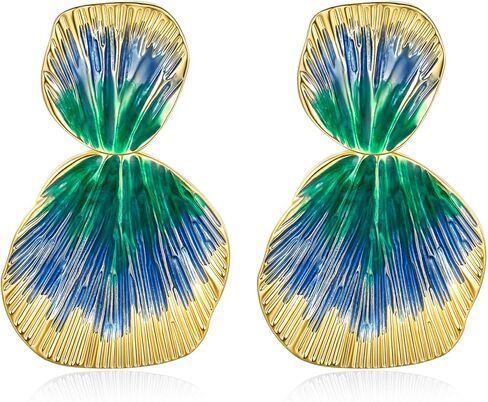 Colorful Gold Boho Chunky Leaf Floral Geometric Textured Dangling Statement Earrings for Women by SNGIA, Large Orange Green Handmade Trendy Ribbed Fan Dangle Jewelry Gifts, Big Summer Round Oval Square African Beachy Vacation Flower Fashion Accessories, V in Saudi Arabia