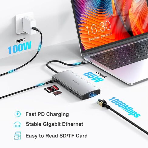 RSHTECH USB C HUB محطة إرساء DUAL STARTED 12 في 1 محول متعدد الأطوار عرض ثلاثية مع 2 HDMI ، 4K DP ، 3 USB 3.2 10GBPS ، 2 منافذ USB 3.0 ، 100 واط PD ، Gigabit Ethernet ، SD/TF لأجهزة Macbook ، أجهزة الكمبيوتر المحمولة المحمولة ، المحمول. in Kuwait