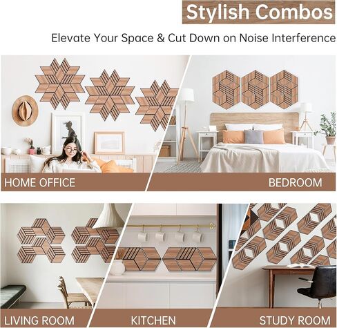 لوحات صوتية Mollywell Hexagon، Black Oak TW4، مقاس 14 × 12 × 0.4 بوصة، 12 حزمة | قشرة خشبية | لوحات حائط عازلة للصوت عالية الكثافة | بلاط حائط ذاتي اللصق يخفف الصوت | المسرح المنزلي | غرفة الألعاب| in Kuwait
