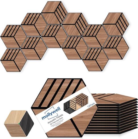 لوحات صوتية Mollywell Hexagon، Black Oak TW4، مقاس 14 × 12 × 0.4 بوصة، 12 حزمة | قشرة خشبية | لوحات حائط عازلة للصوت عالية الكثافة | بلاط حائط ذاتي اللصق يخفف الصوت | المسرح المنزلي | غرفة الألعاب| in Kuwait