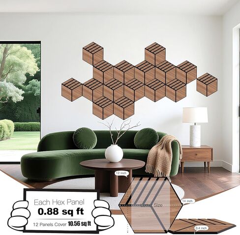 لوحات صوتية Mollywell Hexagon، Black Oak TW4، مقاس 14 × 12 × 0.4 بوصة، 12 حزمة | قشرة خشبية | لوحات حائط عازلة للصوت عالية الكثافة | بلاط حائط ذاتي اللصق يخفف الصوت | المسرح المنزلي | غرفة الألعاب| in Kuwait