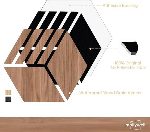 لوحات صوتية Mollywell Hexagon، Black Oak TW4، مقاس 14 × 12 × 0.4 بوصة، 12 حزمة | قشرة خشبية | لوحات حائط عازلة للصوت عالية الكثافة | بلاط حائط ذاتي اللصق يخفف الصوت | المسرح المنزلي | غرفة الألعاب| in Kuwait