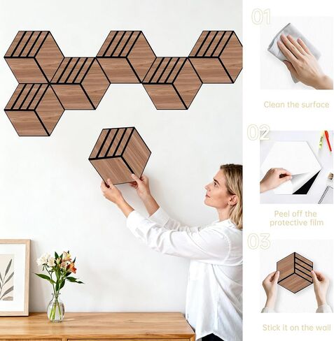 لوحات صوتية Mollywell Hexagon، Black Oak TW4، مقاس 14 × 12 × 0.4 بوصة، 12 حزمة | قشرة خشبية | لوحات حائط عازلة للصوت عالية الكثافة | بلاط حائط ذاتي اللصق يخفف الصوت | المسرح المنزلي | غرفة الألعاب| in Kuwait