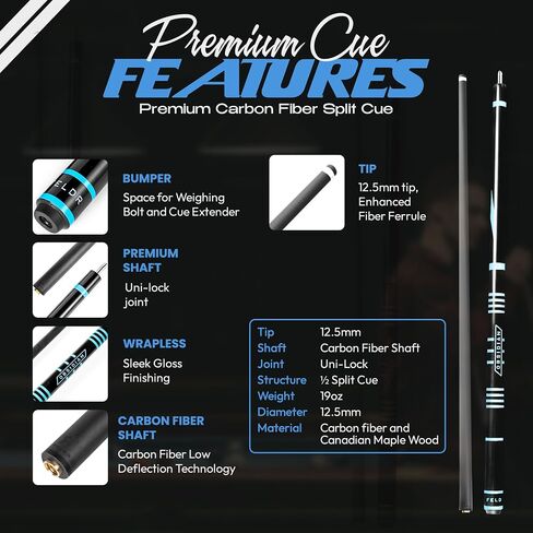 Obsidian Carbon Fiber Pool Cue Stick 57" Billiard Cue Sticks Professional Low Deflection Pool Sticks with 12.5mm Tip, Microfiber Cloth, Gloves, Pool Cue Case & Pool Cue Chalk for Adults in Saudi Arabia