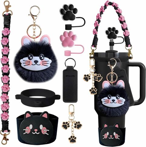 8Pcs Cat-Themed Cup Accessories for Stanley Tumbler, Includes Cat Paw Straw Topper, Water Bottle Handle, Boot, Fluffy Cat Face Charms, Keychain and Lip Balm Sleeve in Saudi Arabia