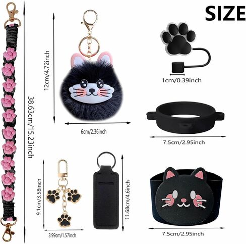 8Pcs Cat-Themed Cup Accessories for Stanley Tumbler, Includes Cat Paw Straw Topper, Water Bottle Handle, Boot, Fluffy Cat Face Charms, Keychain and Lip Balm Sleeve in Saudi Arabia