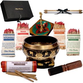 Meditation Accessories Gift Set With Guide: 4.5" Tibetan Singing Bowl Set,150 pcs Handmade Incense Variety Pack: Frankincense, Patchouli, Amitabha Buddha, Rose, Sandalwood, With Incense Holder in Saudi Arabia