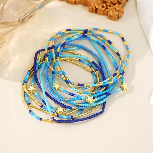 12Pcs Gold Plated Beaded Bracelets Stack Set for Women,Stretch Colorful Star Beads Ball Jewelry Friendship Autumn Christmas Day Daily Wear Trendy in Saudi Arabia