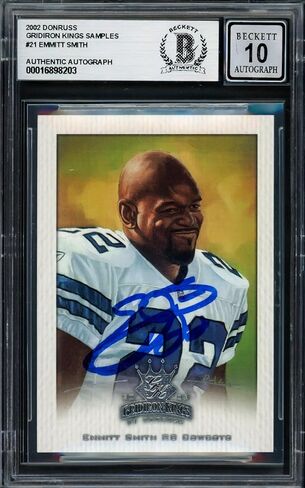 Emmitt Smith Autographed 2002 Donruss Gridiron Kings Samples Card #21 Dallas Cowboys Auto Grade Gem Mint 10 Beckett BAS #16898203 - NFL Autographed Football Cards in Saudi Arabia