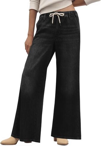 Cicy Bell Womens Wide Leg Flare Jeans Casual Drawstring High Waist Vintage Denim Pants with Pockets in Saudi Arabia