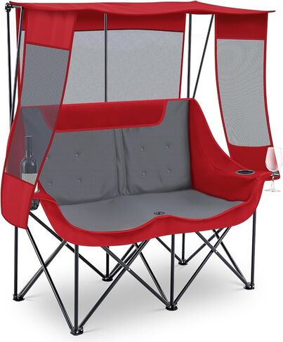 Double Beach Camping Chair with Canopy Shade 2 Person Camping Sofa, Fully Padded Folding Loveseat Chair with Cup Hold and Storage Bag Sturdy Oversized Couch for Lawn Sports Concerts Picnic(Black) in Saudi Arabia