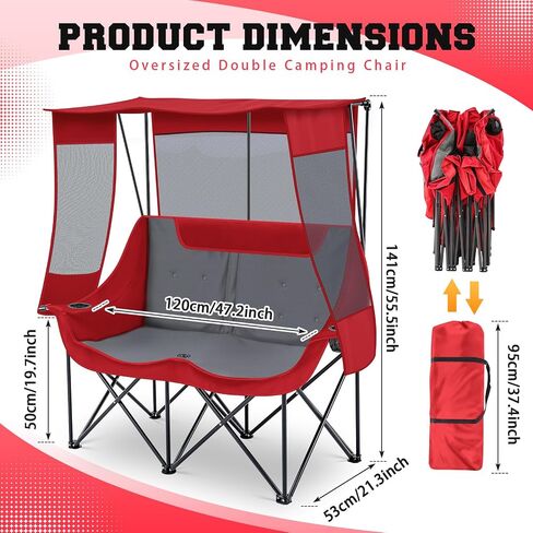 Double Beach Camping Chair with Canopy Shade 2 Person Camping Sofa, Fully Padded Folding Loveseat Chair with Cup Hold and Storage Bag Sturdy Oversized Couch for Lawn Sports Concerts Picnic(Black) in Saudi Arabia