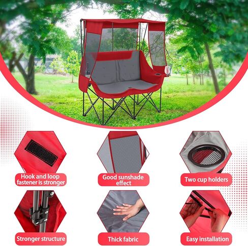 Double Beach Camping Chair with Canopy Shade 2 Person Camping Sofa, Fully Padded Folding Loveseat Chair with Cup Hold and Storage Bag Sturdy Oversized Couch for Lawn Sports Concerts Picnic(Black) in Saudi Arabia