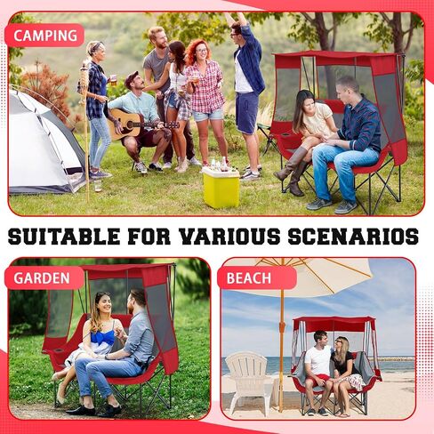 Double Beach Camping Chair with Canopy Shade 2 Person Camping Sofa, Fully Padded Folding Loveseat Chair with Cup Hold and Storage Bag Sturdy Oversized Couch for Lawn Sports Concerts Picnic(Black) in Saudi Arabia