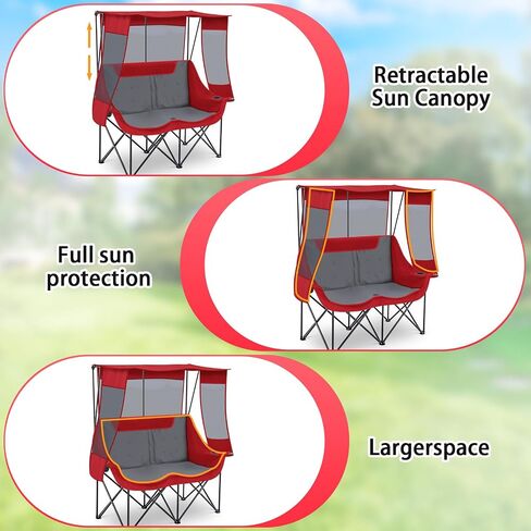 Double Beach Camping Chair with Canopy Shade 2 Person Camping Sofa, Fully Padded Folding Loveseat Chair with Cup Hold and Storage Bag Sturdy Oversized Couch for Lawn Sports Concerts Picnic(Black) in Saudi Arabia