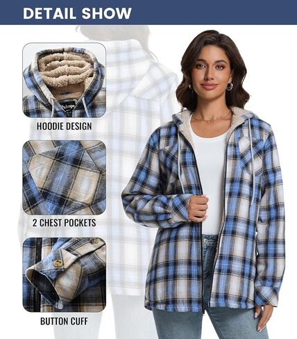 Womens Sherpa Lined Jacket Fleece Zip Up Jacket Flannel Plaid shirt jacket Full Zip Hoodies for Women in Kuwait