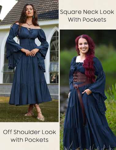 قرمزي الظلام عصر النهضة ملابس النساء قبالة الكتف الطويل جرس الأكمام من العصور الوسطى in Kuwait