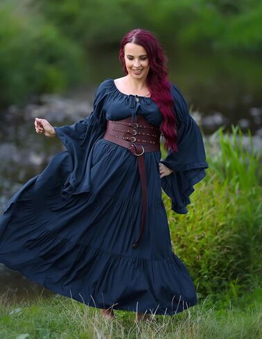 قرمزي الظلام عصر النهضة ملابس النساء قبالة الكتف الطويل جرس الأكمام من العصور الوسطى in Kuwait