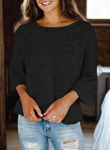 Dokotoo Womens 2025 Fall Casual Crewneck 3/4 Sleeve Striped Lightweight Knit Trendy Boho Tops Pullover Sweaters in Saudi Arabia