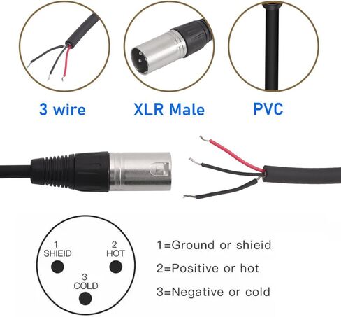 2 قطعة 1FT XLR 3 ذكر إلى سلك مكشوف كابل مفتوح النهاية، XLR 3PIN كابل صوت بديل مع أنابيب تقليص الحرارة لخلاط مضخم الصوت DJ/PA in Kuwait