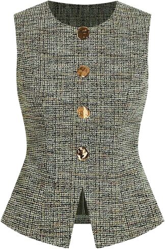 GORGLITTER Women's Tweed Blazer Vest Tops Sleeveless Square Neck Business Casual Cardigan Vests Western Cowgirl Outfits in Saudi Arabia