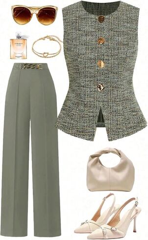 GORGLITTER Women's Tweed Blazer Vest Tops Sleeveless Square Neck Business Casual Cardigan Vests Western Cowgirl Outfits in Saudi Arabia