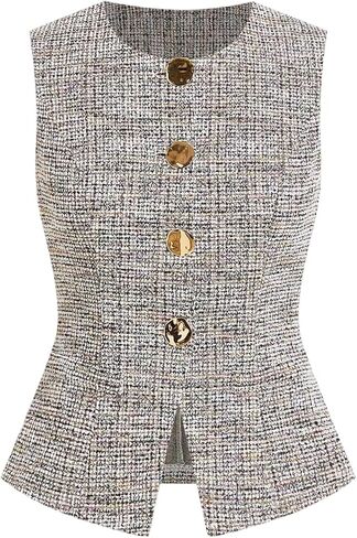 GORGLITTER Women's Tweed Blazer Vest Tops Sleeveless Square Neck Business Casual Cardigan Vests Western Cowgirl Outfits in Saudi Arabia