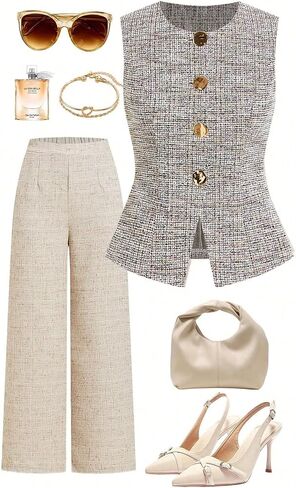 GORGLITTER Women's Tweed Blazer Vest Tops Sleeveless Square Neck Business Casual Cardigan Vests Western Cowgirl Outfits in Saudi Arabia