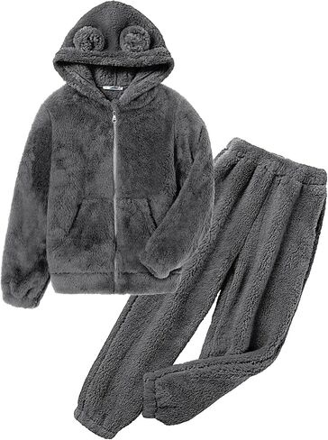 Arshiner Girls 2 قطعة غامضة مجموعة مع غطاء الدب الأذن وسروال الركض zip up sweatshirt لأزياء الخريف الشتاء 5-13 سنة in Saudi Arabia