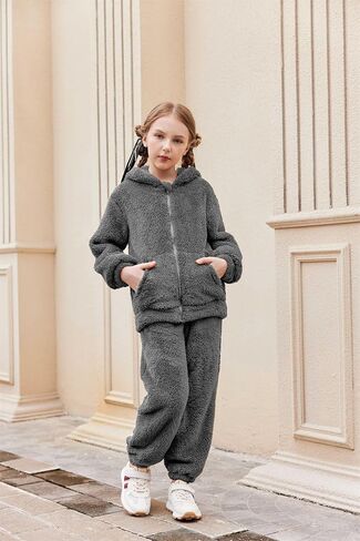 Arshiner Girls 2 قطعة غامضة مجموعة مع غطاء الدب الأذن وسروال الركض zip up sweatshirt لأزياء الخريف الشتاء 5-13 سنة in Saudi Arabia