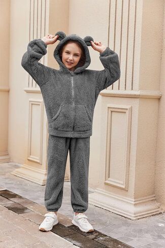 Arshiner Girls 2 قطعة غامضة مجموعة مع غطاء الدب الأذن وسروال الركض zip up sweatshirt لأزياء الخريف الشتاء 5-13 سنة in Saudi Arabia