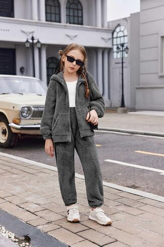 Arshiner Girls 2 قطعة غامضة مجموعة مع غطاء الدب الأذن وسروال الركض zip up sweatshirt لأزياء الخريف الشتاء 5-13 سنة in Saudi Arabia