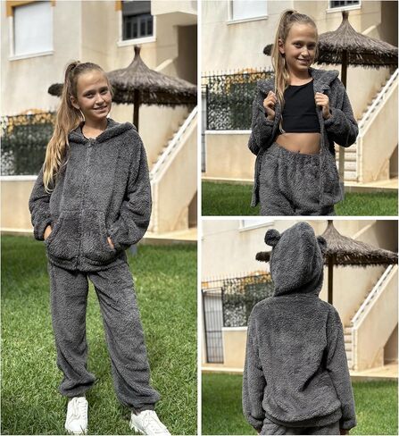 Arshiner Girls 2 قطعة غامضة مجموعة مع غطاء الدب الأذن وسروال الركض zip up sweatshirt لأزياء الخريف الشتاء 5-13 سنة in Saudi Arabia
