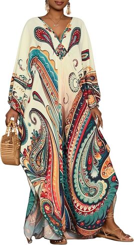 فساتين BSUBSEACH KAFTAN للنساء العرقية المطبوعة بالإضافة إلى التغطية الشاطئية الحجم تغطية الأكمام BATWING CAFTANS مع جيوب in Kuwait