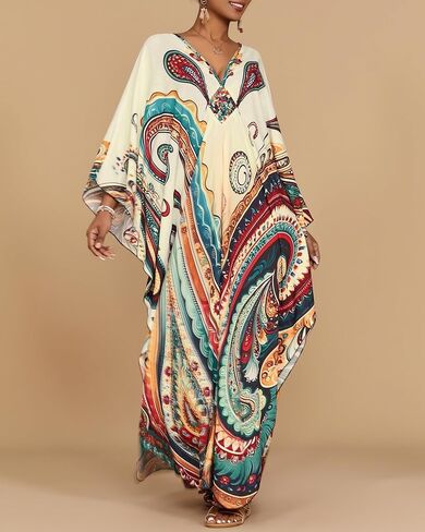 فساتين BSUBSEACH KAFTAN للنساء العرقية المطبوعة بالإضافة إلى التغطية الشاطئية الحجم تغطية الأكمام BATWING CAFTANS مع جيوب in Kuwait
