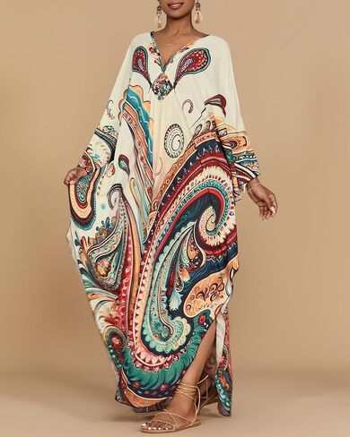 فساتين BSUBSEACH KAFTAN للنساء العرقية المطبوعة بالإضافة إلى التغطية الشاطئية الحجم تغطية الأكمام BATWING CAFTANS مع جيوب in Kuwait