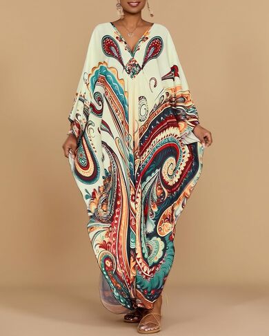 فساتين BSUBSEACH KAFTAN للنساء العرقية المطبوعة بالإضافة إلى التغطية الشاطئية الحجم تغطية الأكمام BATWING CAFTANS مع جيوب in Kuwait