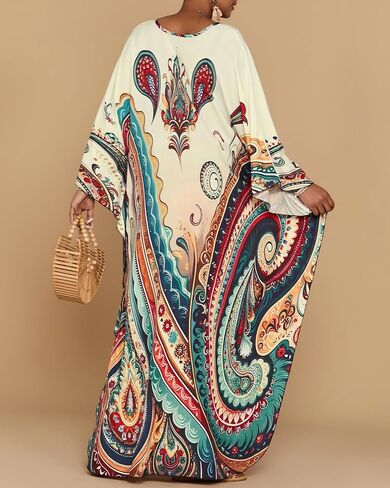 فساتين BSUBSEACH KAFTAN للنساء العرقية المطبوعة بالإضافة إلى التغطية الشاطئية الحجم تغطية الأكمام BATWING CAFTANS مع جيوب in Kuwait