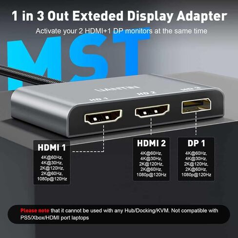 DisplayPort to Dual HDMI with DP Splitter for 3 Monitors Extended Display Adapter 4K@60Hz 1 in 3 Out MST Hub for Multiple Monitor Display Port Compatible with NVIDIA/AMD Graphic Card in Saudi Arabia