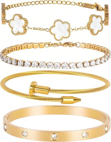 18K Gold Plated Nail love Bangle Bracelet Set for Women Stackable Gold Clover Adjustable tennis bracelet Trendy Gift Jewelry for Anniversary in Saudi Arabia