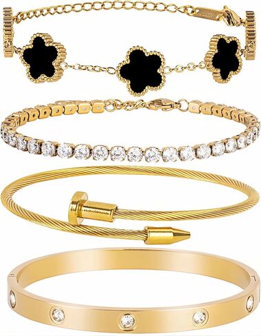 18K Gold Plated Nail love Bangle Bracelet Set for Women Stackable Gold Clover Adjustable tennis bracelet Trendy Gift Jewelry for Anniversary in Saudi Arabia
