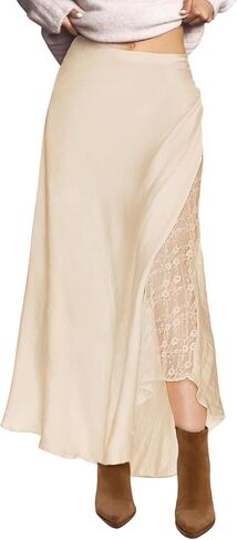 Womens Satin Skirts for Women Elegant A-line Cocktail Long Skirt High Waist Side Split Splicing Lace Midi Skirt in Kuwait